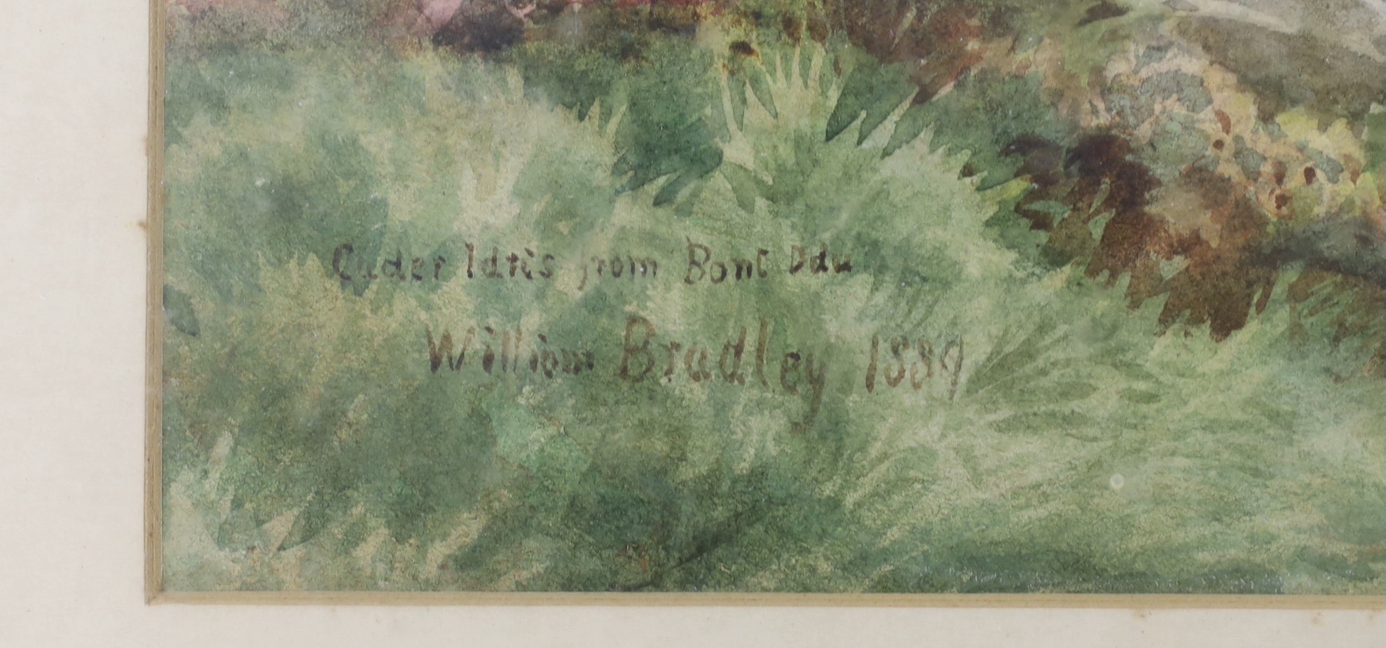William Bradley, 19th century, watercolour, angler amongst lake scape, signed, inscribed and dated 1889, 42 x 67cm